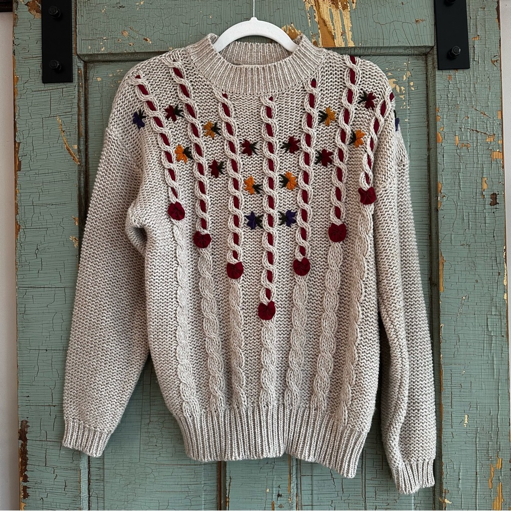Vintage Knit Works Embroidered Ribbon Cable Knit Floral Sweater Women’s Medium